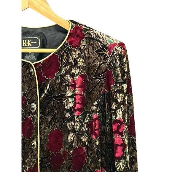 Vintage R&K Evening Women's Red Brown Burnout Velvet Cardigan Gold Trim Size 16P - Picture 2 of 6
